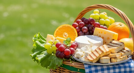 Fruit and Cheese Picnic Basket on Green Lawn Getaway
