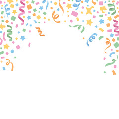 Festive confetti and streamers falling on white background celebration