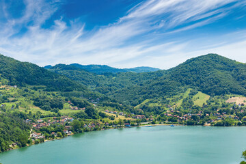 The Drina River and the mountains above it. A magnificent summer landscape. The border of Serbia and Bosnia and Herzegovina.