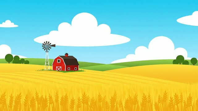 A farm scene with a red barn windmill golden wheat field green hills blue sky and fluffy white clouds