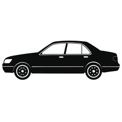 Black silhouette of a modern sedan car viewed from the side on a white background