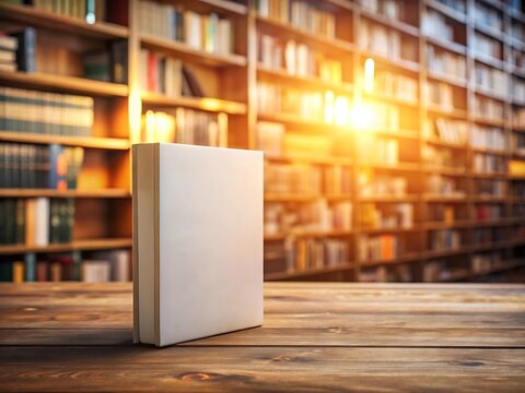A white book cover stands on a wooden table in a blurred library background