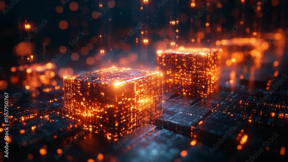 Poster Glowing Cubes in Digital Space: Two luminous orange cubes pulse with inner light, seemingly floating amidst a complex network of circuits and particles.