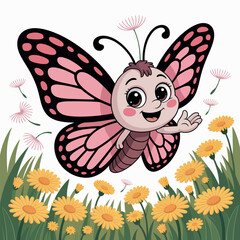 Cute cartoon butterfly surrounded by flowers and dandelions in a meadow cheerful with pink wings big eyes shown amidst yellow dandelions cute dandelion