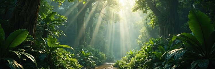 Amazon rainforest with sunlight streaming through trees. Jungle scene with dense vegetation, plants, leaves. Tropical nature scenery with vibrant green environment, forest ecosystem, amazon river,