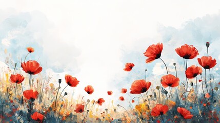 Vibrant red poppy field under a blue sky. Beautiful floral watercolor landscape on a clean white background.
