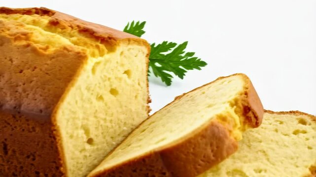 Freshly baked pound cake loaf with two slices cut beside a sprig of greenery set on white background offering delicious treat and dessert