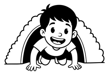 A Smiling Boy Crawling Through a Tunnel in Black and White