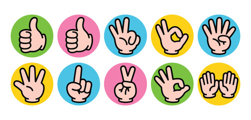 Collection of cartoon hand gestures and symbols on colorful circles