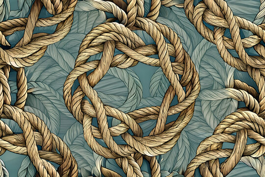 Nautical rope patterns in intricate knots and interwoven designs on a background of stylized foliage. Abstract decorative design for wall dÃ©cor or fabric.
