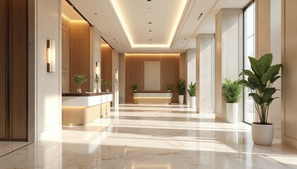 Fototapeta premium Modern interior design lobby with marble flooring. Bright, clean, minimalist aesthetic. Reception desk, potted plants, large windows creating spacious feel. Elegant, luxurious, contemporary building