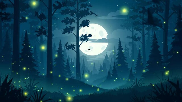 A night forest scene with a bright moon dark trees flying birds and scattered fireflies