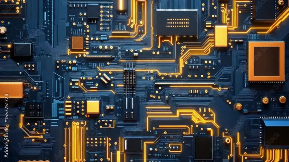 Poster Circuit Board: A captivating close-up of a high-tech circuit board, its intricate network of electronic pathways aglow with an amber light.