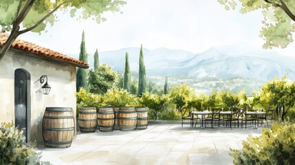 Fototapeta premium Wine tasting on a winery terrace overlooking vineyards. Sophisticated watercolor scene on a white background for tourism designs.