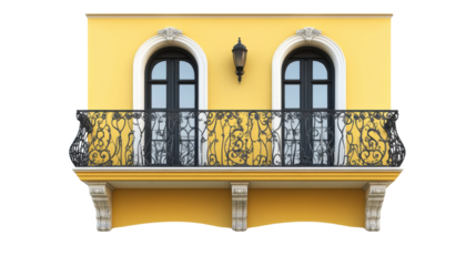 an elegant balcony with windows on white bacjground