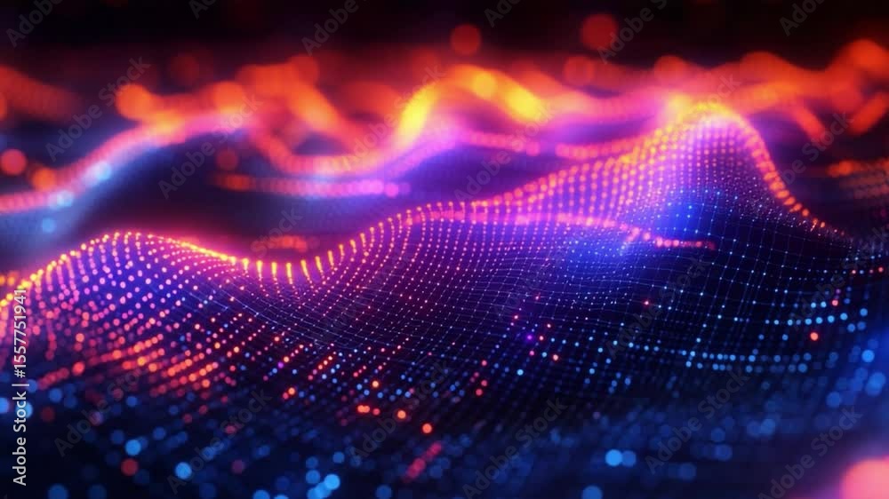 Poster Digital Waveform: A mesmerizing display of data visualization, an intricate and futuristic digital waveform with radiant light effects and a dynamic sense of motion.