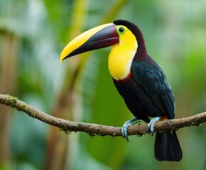 Naklejka premium A black and yellow toucan perched on the branch of a tree in front of a green background. The bird has a large, colorful beak with a long, curved bill. A tropical rainforest scene.