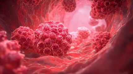 Macro medical visualization of stomach cancer cells forming ulcerated tumor gastric lining red inflamed tissue with irregular growth pattern clinical background