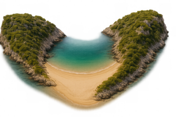 Aerial perspective revealing heart-shaped landmass, featuring powdery white shoreline, surrounded by vivid turquoise waters, ideal for travel graphics with transparent background