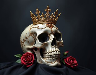 calavera con corona de oro y rosas