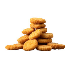 Crispy golden brown chicken nuggets piled high in a pyramid shape isolated on transparent background