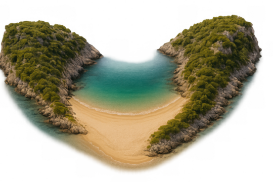 Aerial perspective revealing heart-shaped landmass, featuring powdery white shoreline, surrounded by vivid turquoise waters, ideal for travel graphics with transparent background