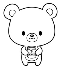 Obraz premium Cute outline bear holding a jar of honey, illustration for coloring