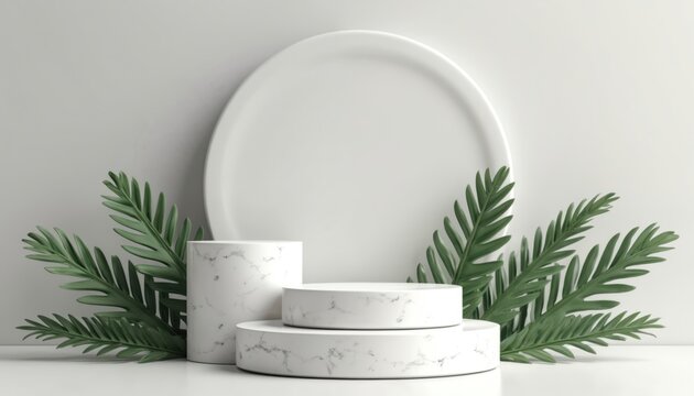 Minimalistic podiums for product presentation in white, marble texture. Green leaves decorate scene. Abstract 3d rendering for cosmetic products, luxury brands, fashion sales. - Powered by Adobe