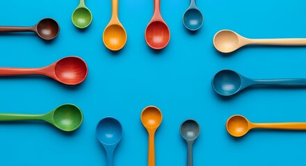 Colorful Wooden Spoons on Blue Background Flat Lay