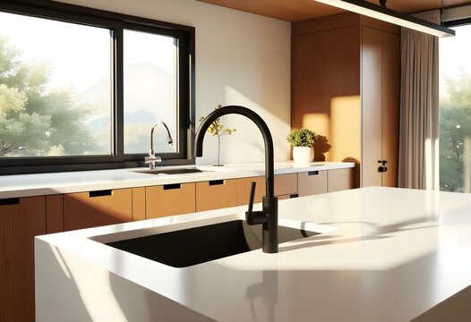 Modern Kitchen with Sleek Corian Countertop, Black Sink, and Warm Wood Accents in Natural Light


