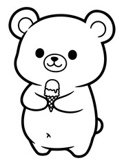 Adorable Cartoon Bear with Ice Cream Cone in Outline Style Illustration