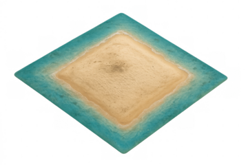 Aerial view of a perfect diamond shaped desert tropical island surrounded by turquoise water with transparent background