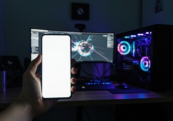 Fototapeta premium Hand holding smartphone in front of PC