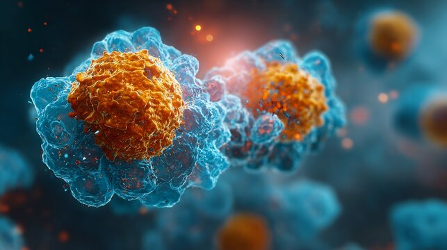 Microscopic view of mutated p53 protein failing stop cancer cell growth cellular interaction highlighted with bright overlay effects