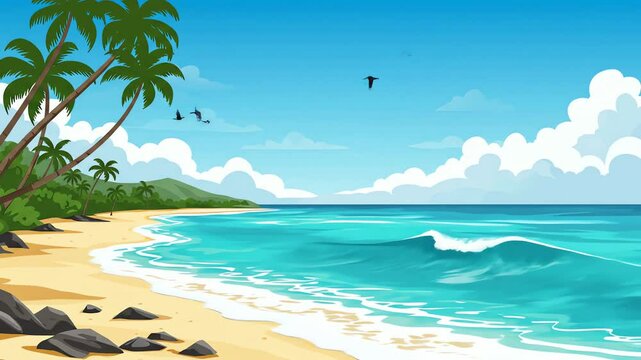 Cartoon beach scene with palm trees turquoise sea sandy shore clouds and distant island