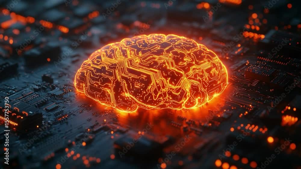 Poster Digital Brain: A luminous digital representation of a brain, set against the backdrop of a motherboard, symbolizing the interconnectedness of technology and intellect.