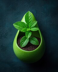 Fresh mint plant in a teardrop-shaped green pot