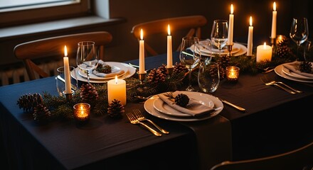Setting Festive Table with Candles, Pinecones and Plates