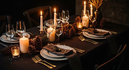 Festive Table Setting with Candles and Pine Cones for an Elegant Dinner