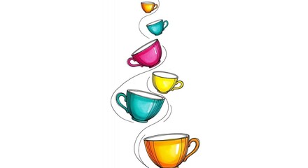 Colorful Tea Cups Artfully Arranged Drawing on White Background