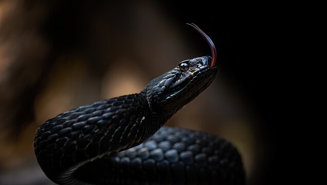 Black viper snake with forked tongue in dark habitat