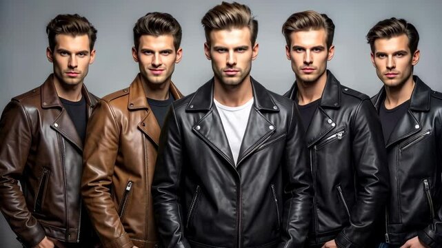 Group of five handsome men wearing leather jackets and staring at the camera in a fashion forward style