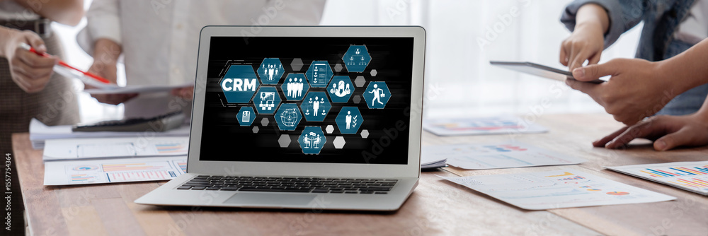 Poster customer relationship management system on brisk computer for crm business and enterprise