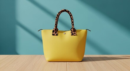 Yellow Tote Bag with Spotted Handles on Wood Floor Against Turquoise Wall