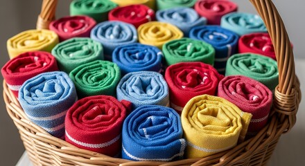 Colorful Rolled Towels in Wicker Basket Display
