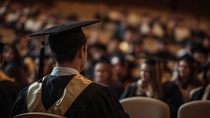 Graduation ceremony with students wearing caps and gowns seated in rows during academic celebration, viewed from behind focusing on tassels and group atmosphere.
