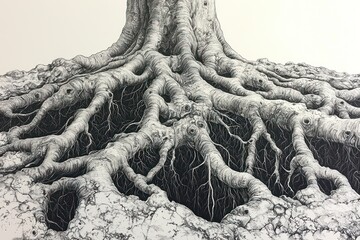 Detailed drawing of a massive tree's roots spreading underground
