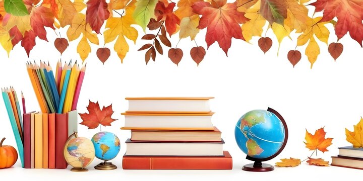 Back to School Autumn Frame with Books globe and Leaves – Watercolor Illustration