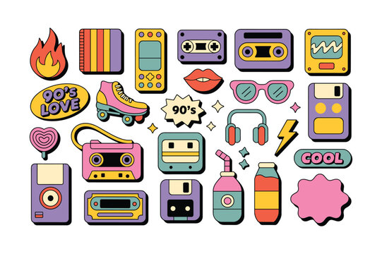 Retro cassette tapes roller skates headphones and lightning bolt vector