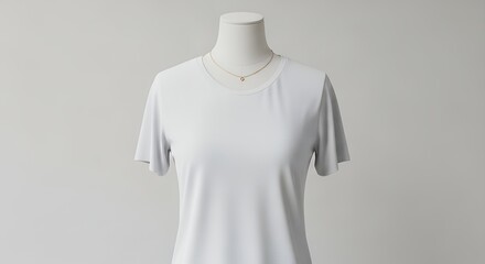 T-shirt Display on Mannequin with Gold Necklace Against Neutral Background